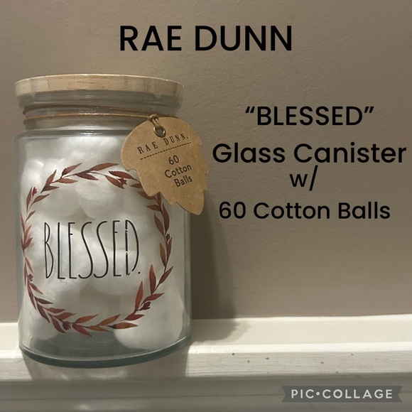 NWT Rae Dunn “BLESSED” 5.5in Glass Jar/Storage Canister Filled w/ Cotton Balls. - Picture 1 of 7